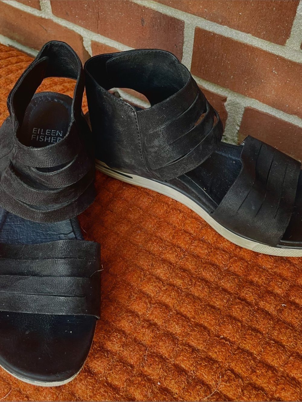 Eileen Fisher Black Suede Strappy Wedge Flat Platforms